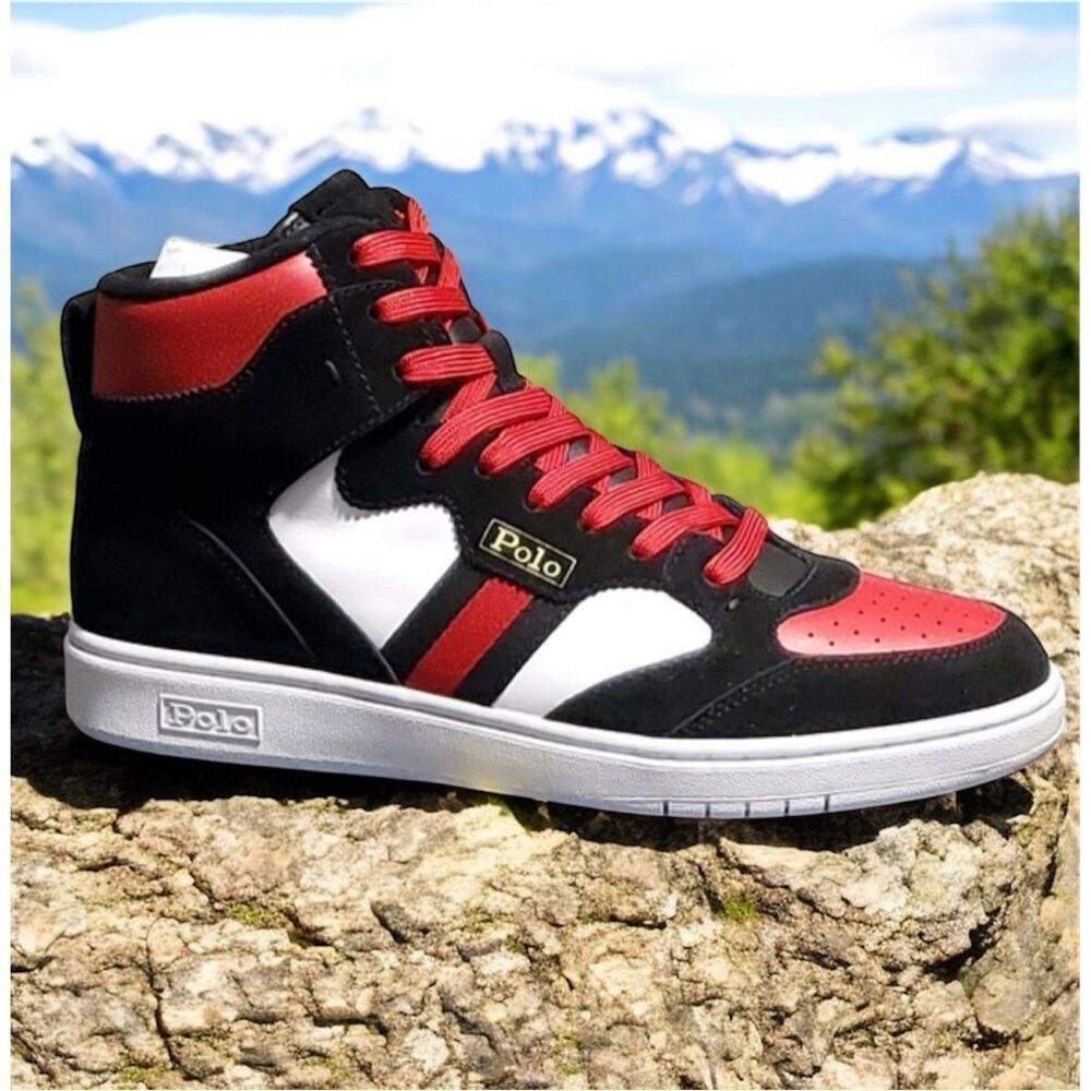 Ralph Lauren Polo Men Black Red High top  Suede Leather Sneaker